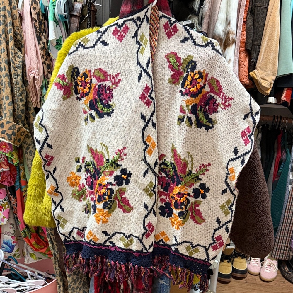Anthropologie Floral Knit Cape - Cream and Multicolor